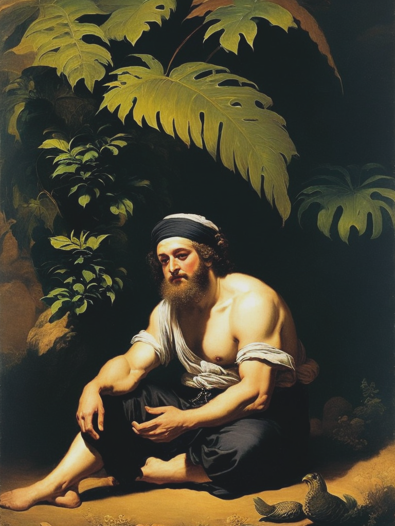 02188-2247150339-Rembrandt style painting of Jonah sitting under the shade of a large plant.png